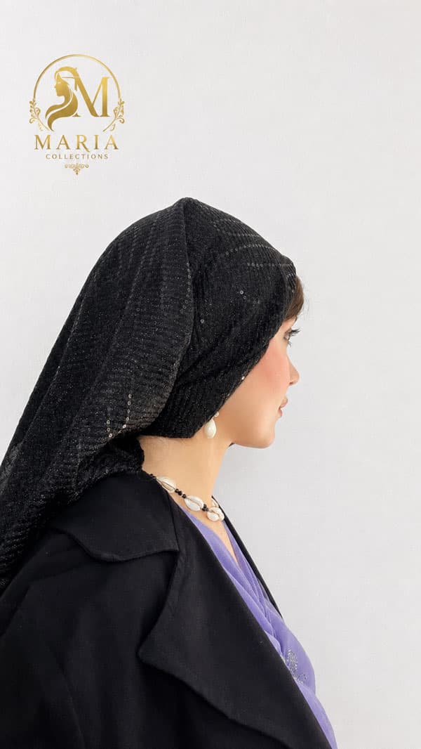 نمای جانبی مینی اسکارف گیپور پولکی مشکی زنانه