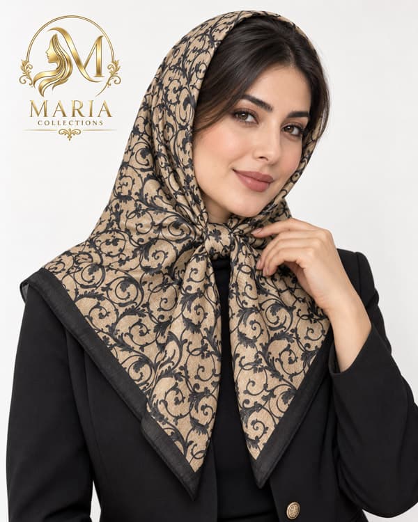 روسری نخی قواره ۱۲۰ زنانه طرح‌دار رنگ کرم