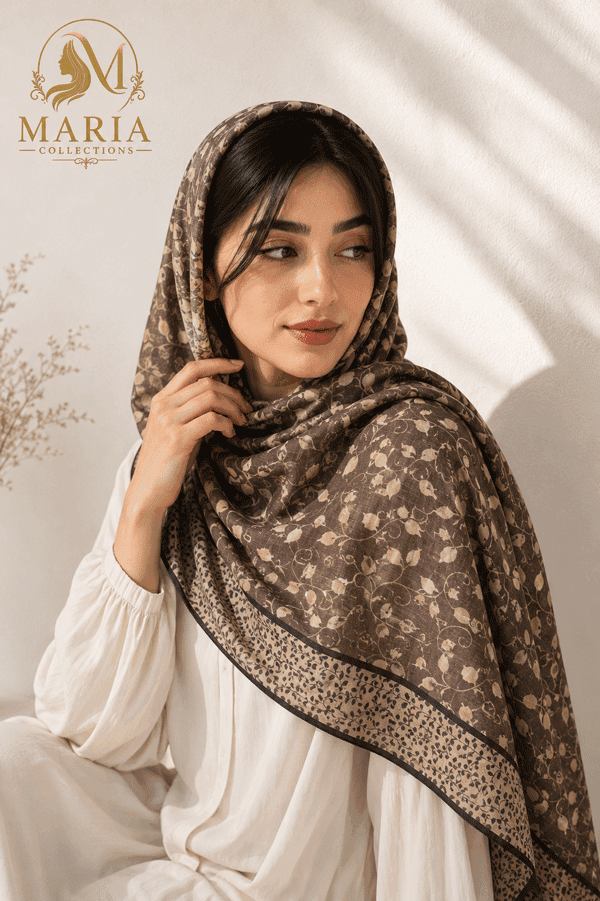 روسری مجلسی طرح ترمه قهوه‌ای قواره بزرگ Maria Collections