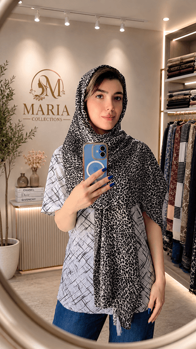 شال پلنگی نخی زنانه رنگ توسی با ایستایی عالی روی سر