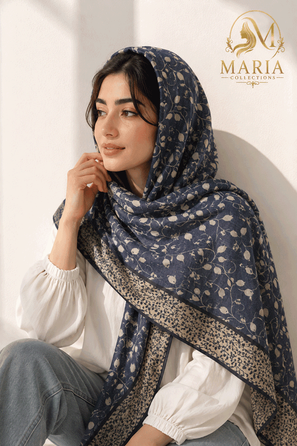 روسری طرح ترمه آبی زنانه قواره بزرگ Maria Collections