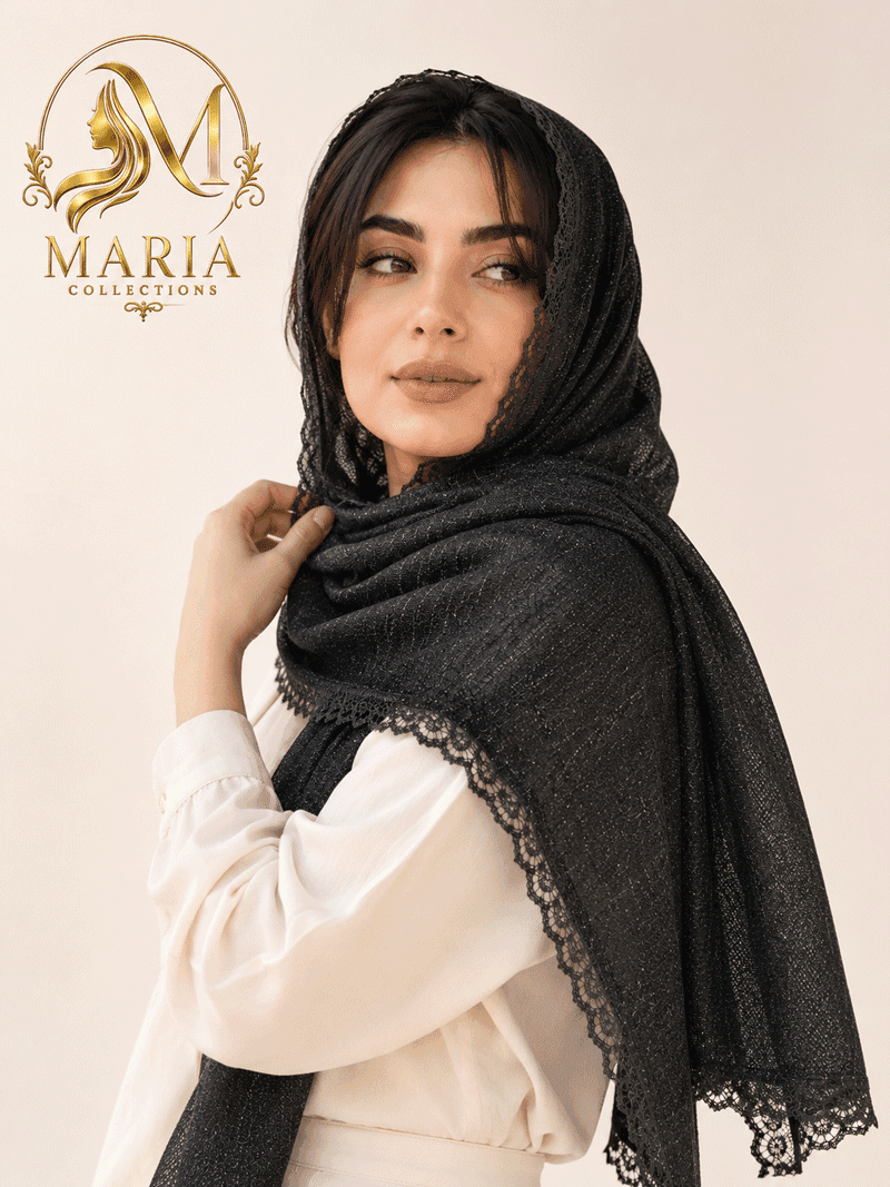 شال لمه مجلسی وارداتی مشکی دور دانتل زنانه