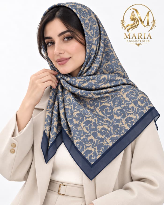 روسری نخی قواره ۱۲۰ زنانه رنگ سرمه‌ای طرح‌دار