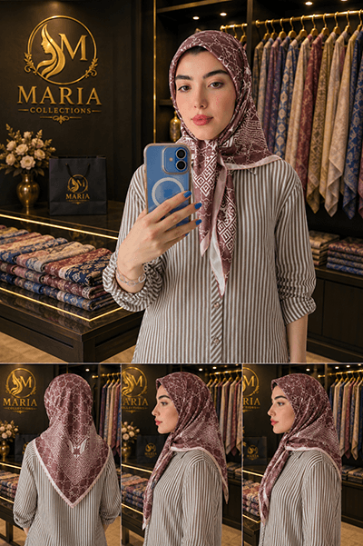 روسری چاپی طرحدار زنانه قهوه‌ای