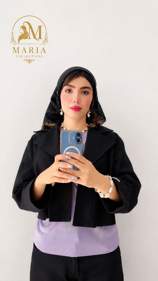 مینی اسکارف گیپور مجلسی پولکی مشکی زنانه Maria Collections