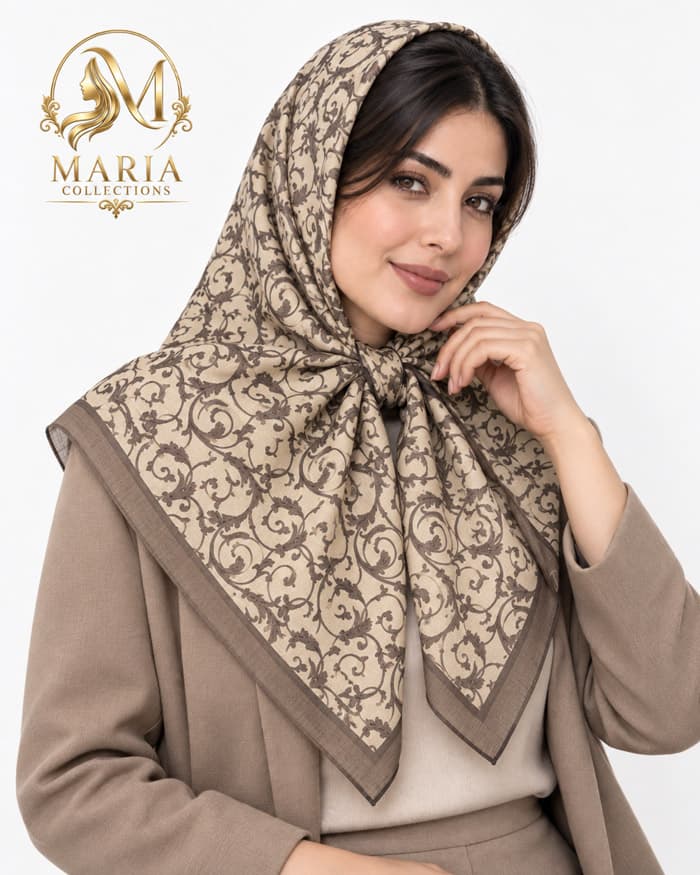 روسری نخی قواره ۱۲۰ زنانه طرح‌دار رنگ کرم