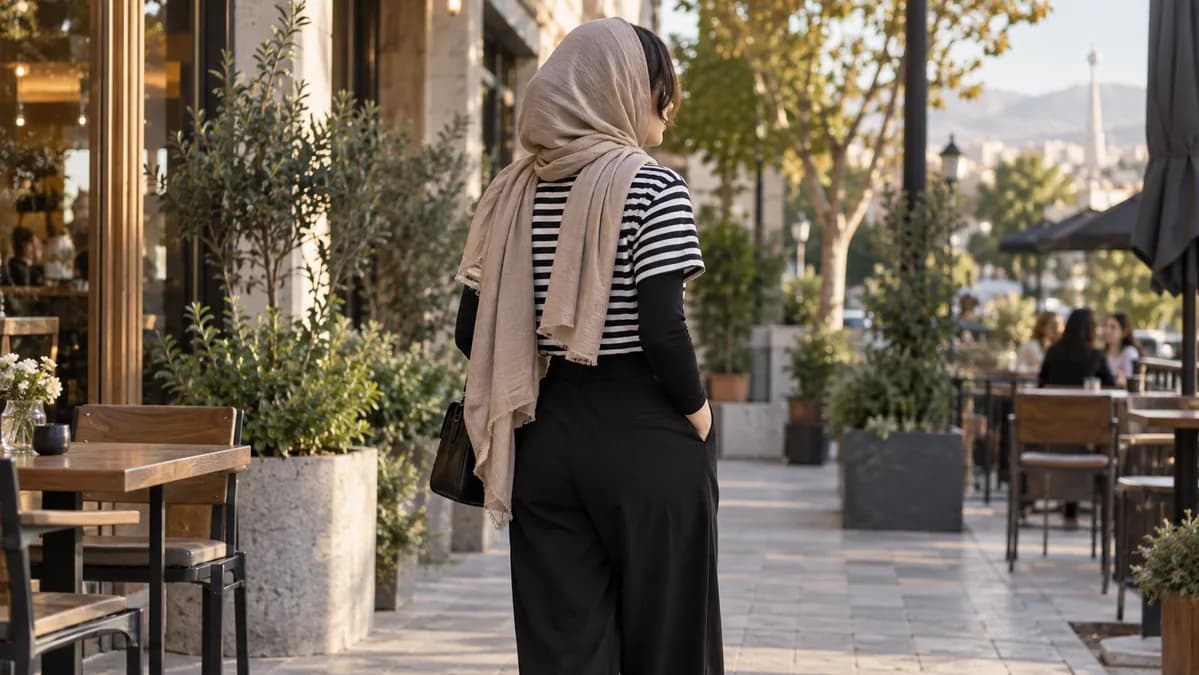 استایل روزمره با تاپ راهراه، شلوار مشکی و شال کرم در فضای شهری