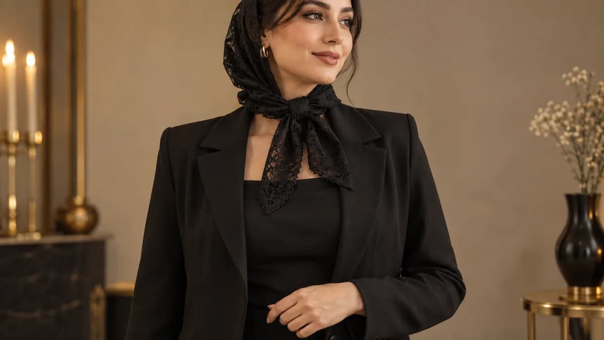 استایل مجلسی ساده با مینی اسکارف مشکی و لباس خنثی