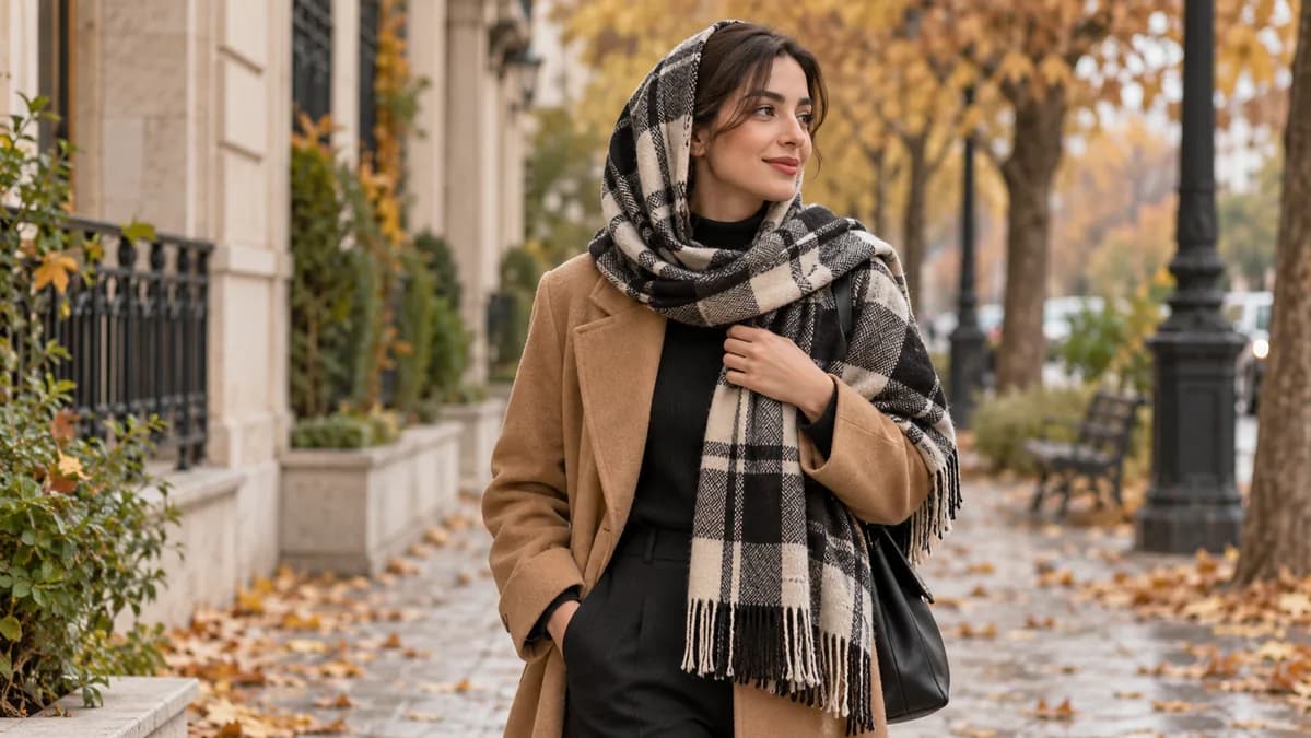 استایل پاییزی با شال چهارخانه مشکی و کرم در کنار پالتوی شتری