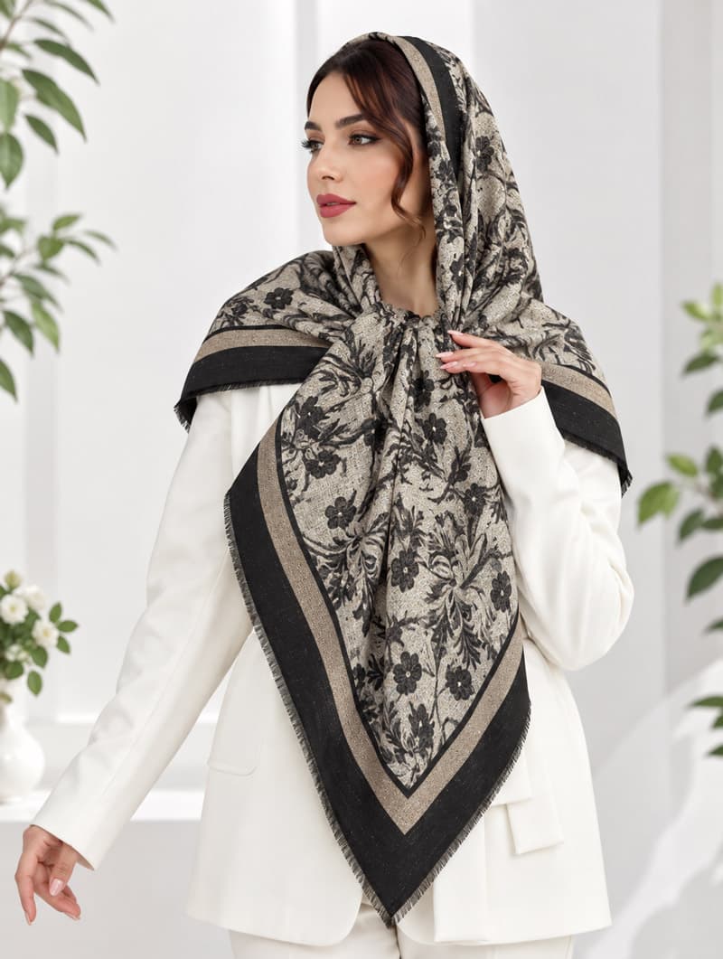 روسری طرح جنگل وارداتی قواره ۱۴۰ رنگ مشکی